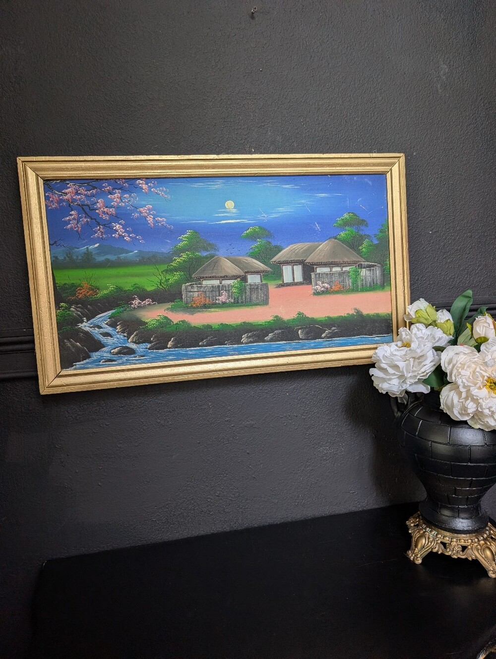 Vintage Mid Century Southeast Asian Folk Art, Hand Painted Fabric Landscape, art